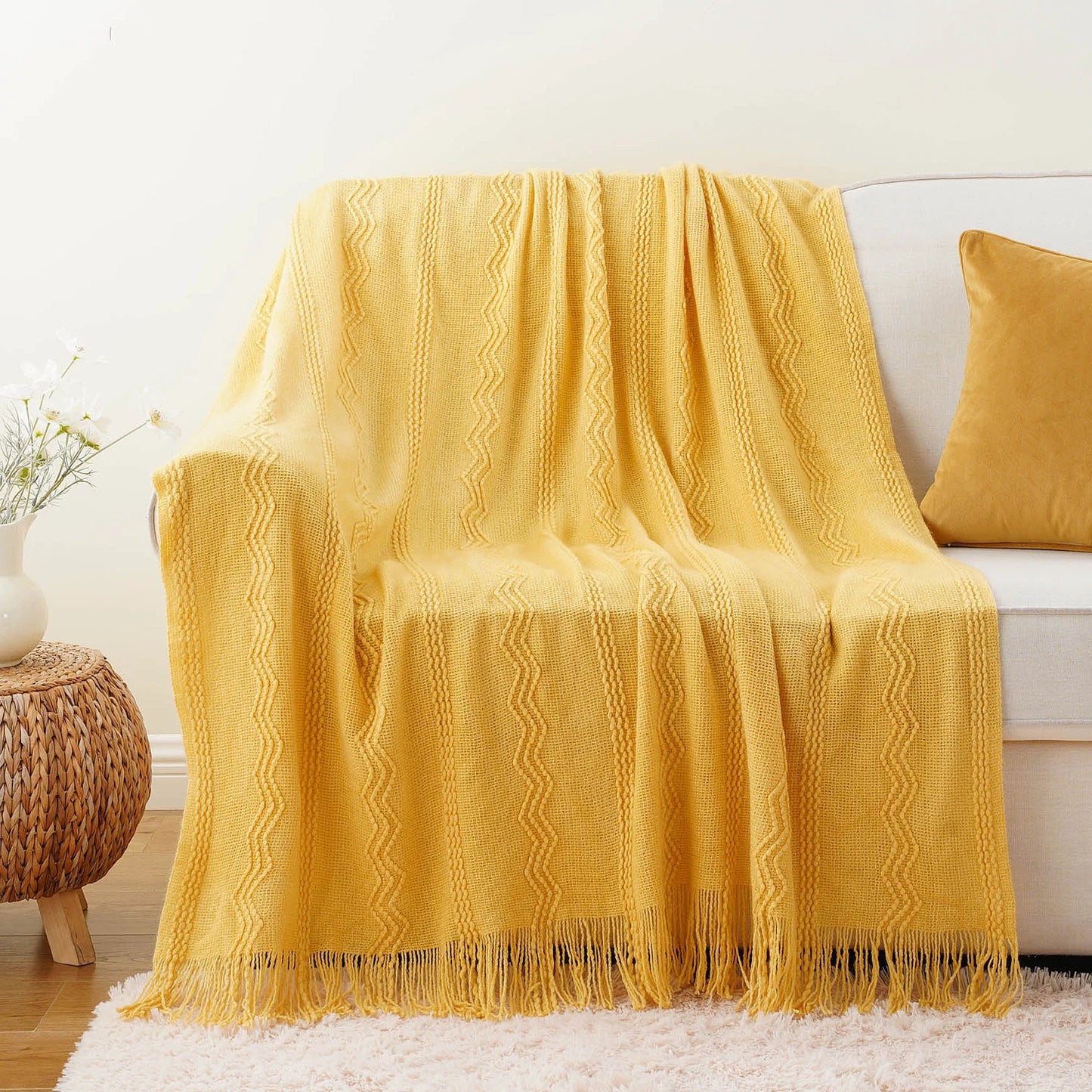 Caramel Knit Throw Blanket - Lightweight Plaid Blanket for Couch and Bed