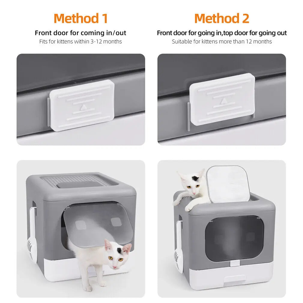 Enclosed Cat Litter Box with Scoop - Foldable Sifting Toilet for Kittens - ZOOMNSTORE
