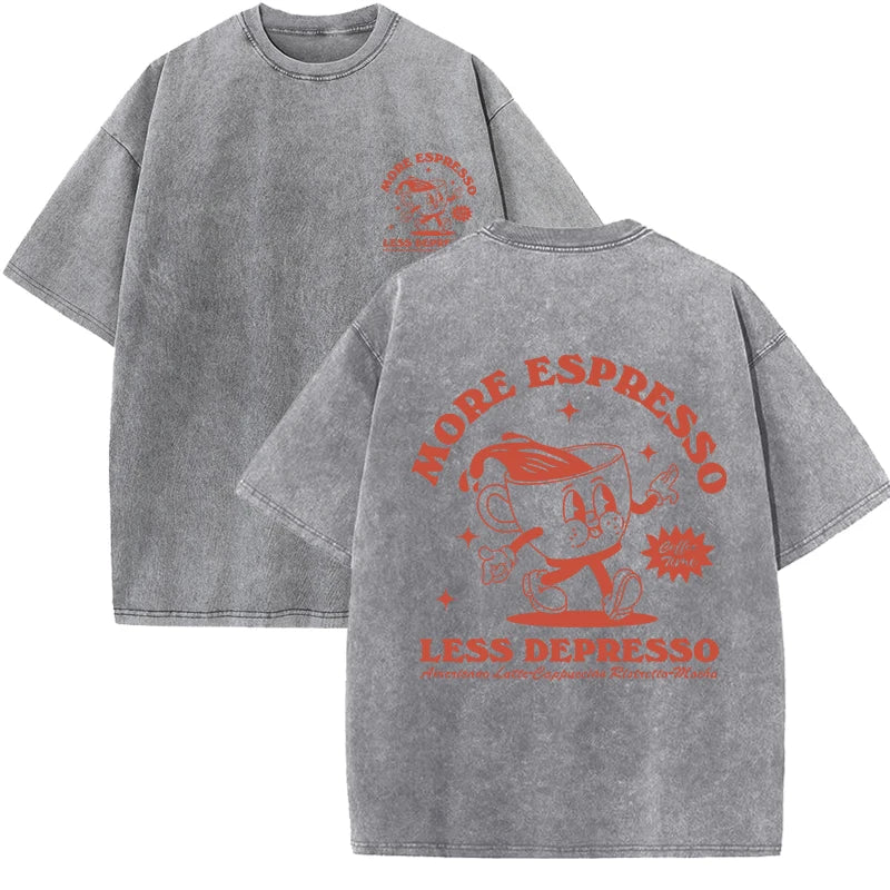 More Espresso Less Depresso Letter Cup Drink Print Washed Womens Tee Shirt Cotton T-Shirts New Breathable Clothes All-Match Top