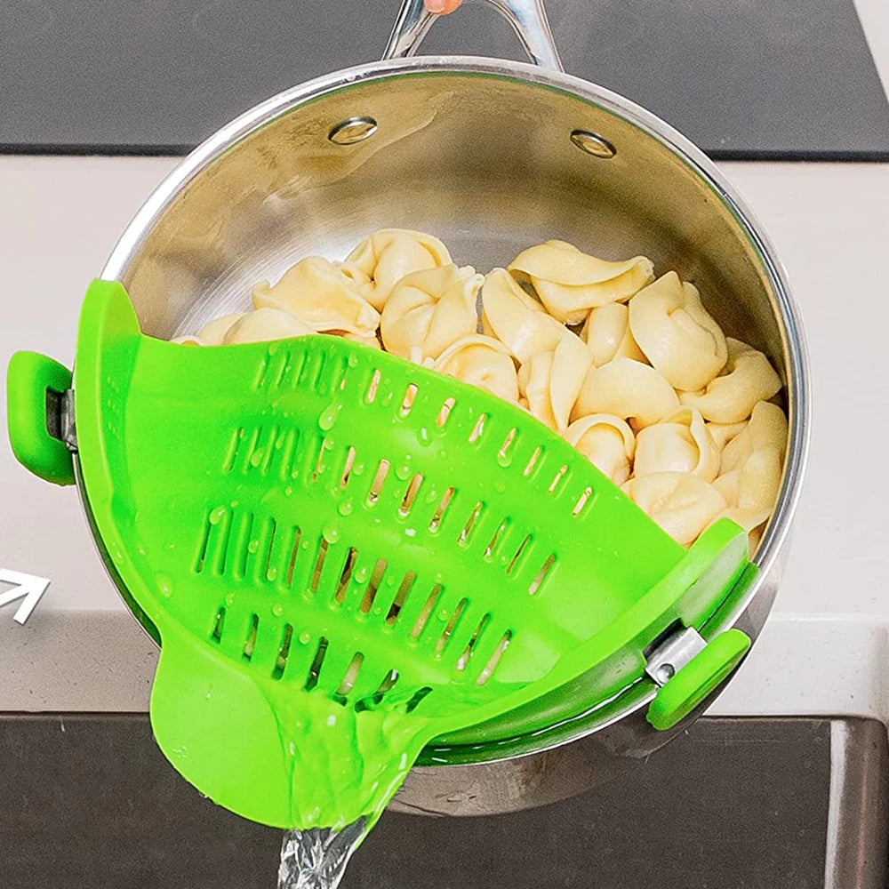 Silicone Clip-On Kitchen Strainer - Pasta Noodle Vegetable Colander Gadget