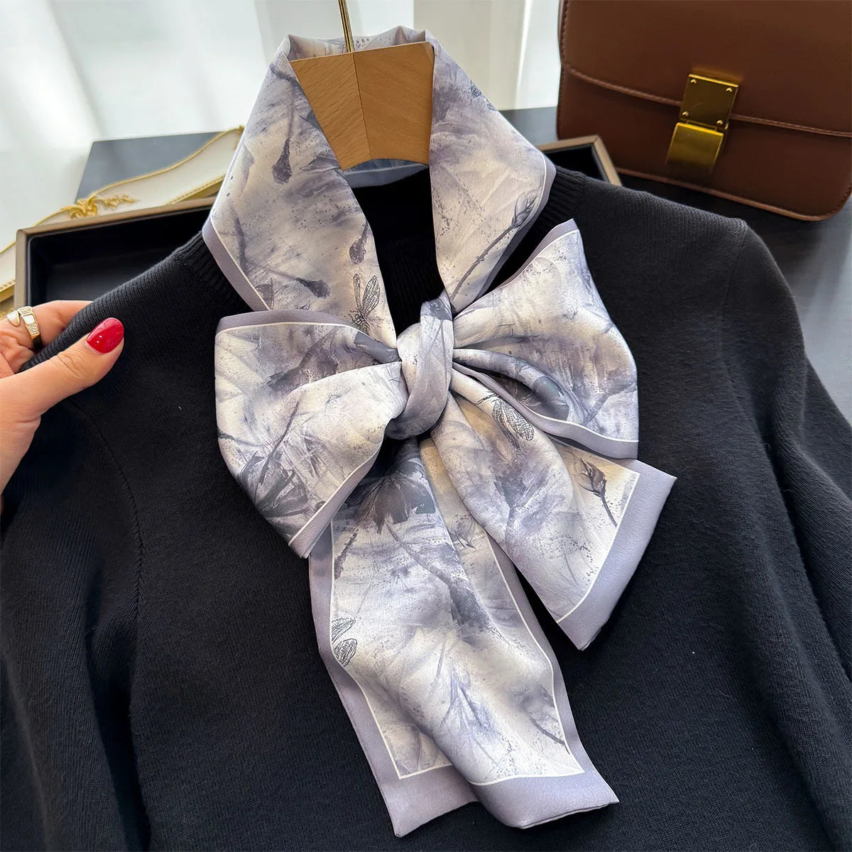 Floral Silk Scarf - Long Ribbon Neck Tie Headband for Women