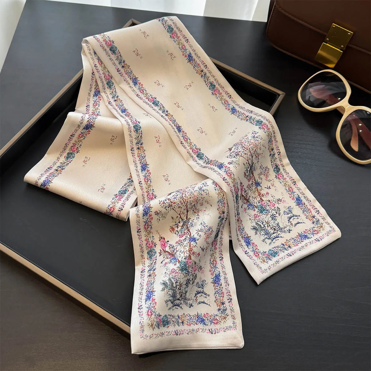 Floral Silk Scarf - Long Ribbon Neck Tie Headband for Women