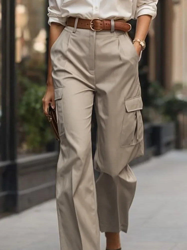 Bonboho Women's Khaki High Waist Cargo Pants 2026 Summer New Pockets Casual Cropped Trousers Female Commuter Pants Daily Bottoms