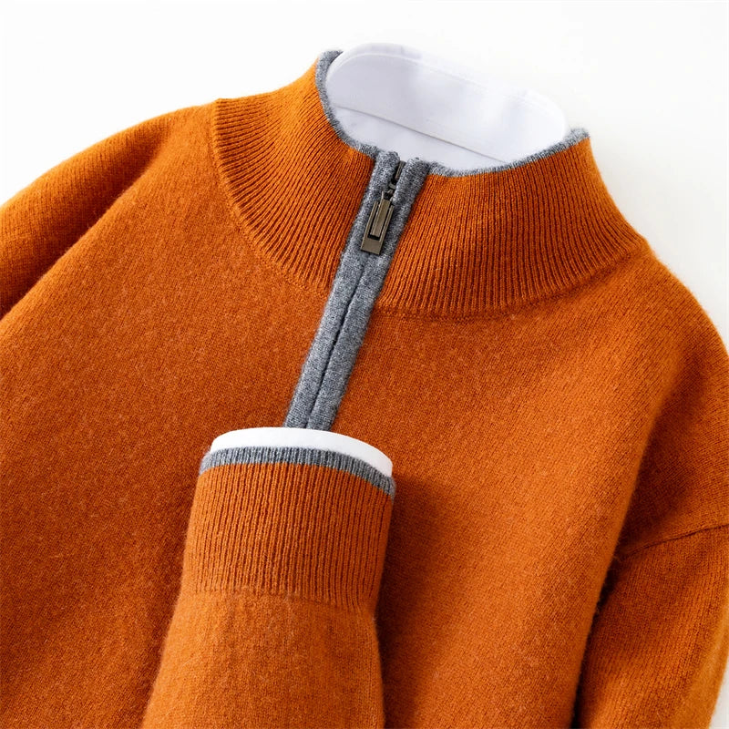Men's 100% Cashmere Pullover Sweater Autumn/Winter Business Leisure Color Block Knitted Loose Fit Half High Collar Zipper Top