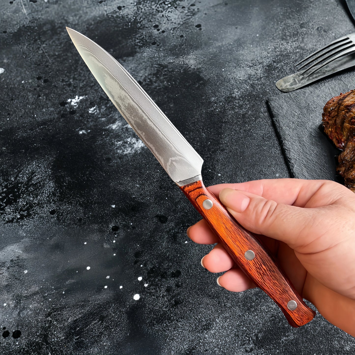 Damascus Steel VG10 Steak Knife - Premium Wood Handle Chef Cutlery with Sheath