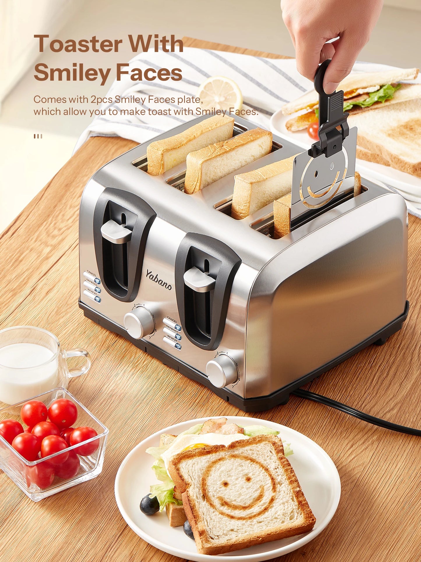 Yabano 4-Slice Toaster - Extra Wide Slots 7 Shade Settings Defrost Reheat Functions