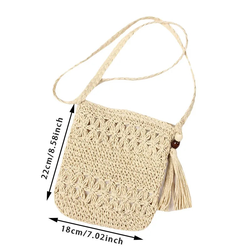 Half Moon Rattan Crossbody Bag - Handmade Woven Straw Beach Bag for Women
