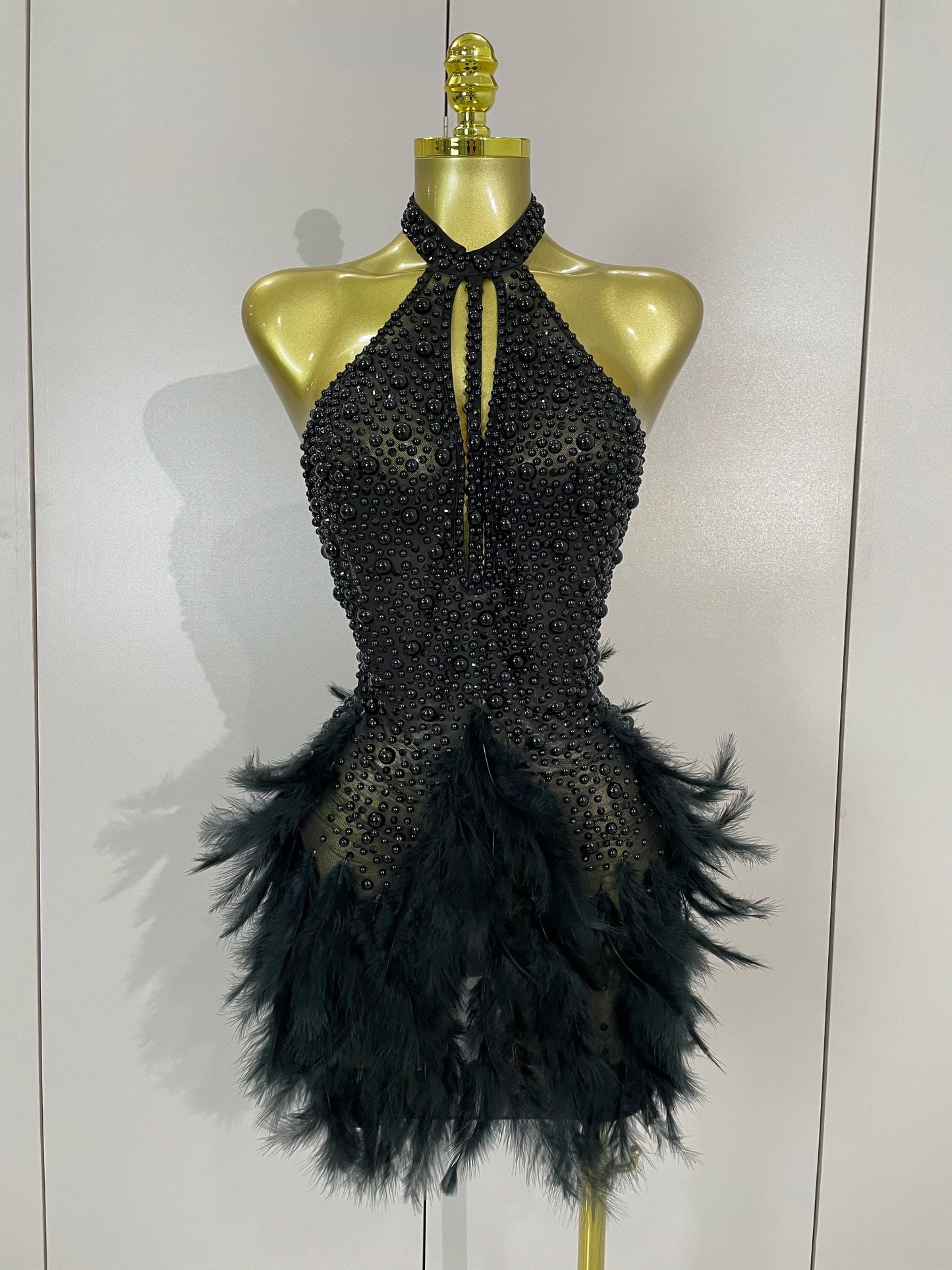 Backless Halter Dress - Women's Party Mini Sheath With Rhinestone & Feather Details