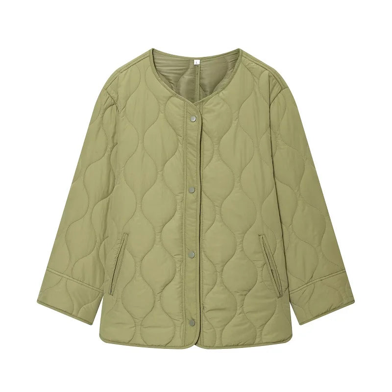 Quilted Jacket Women - Warm Winter Padded Coat With Covered Button Closure