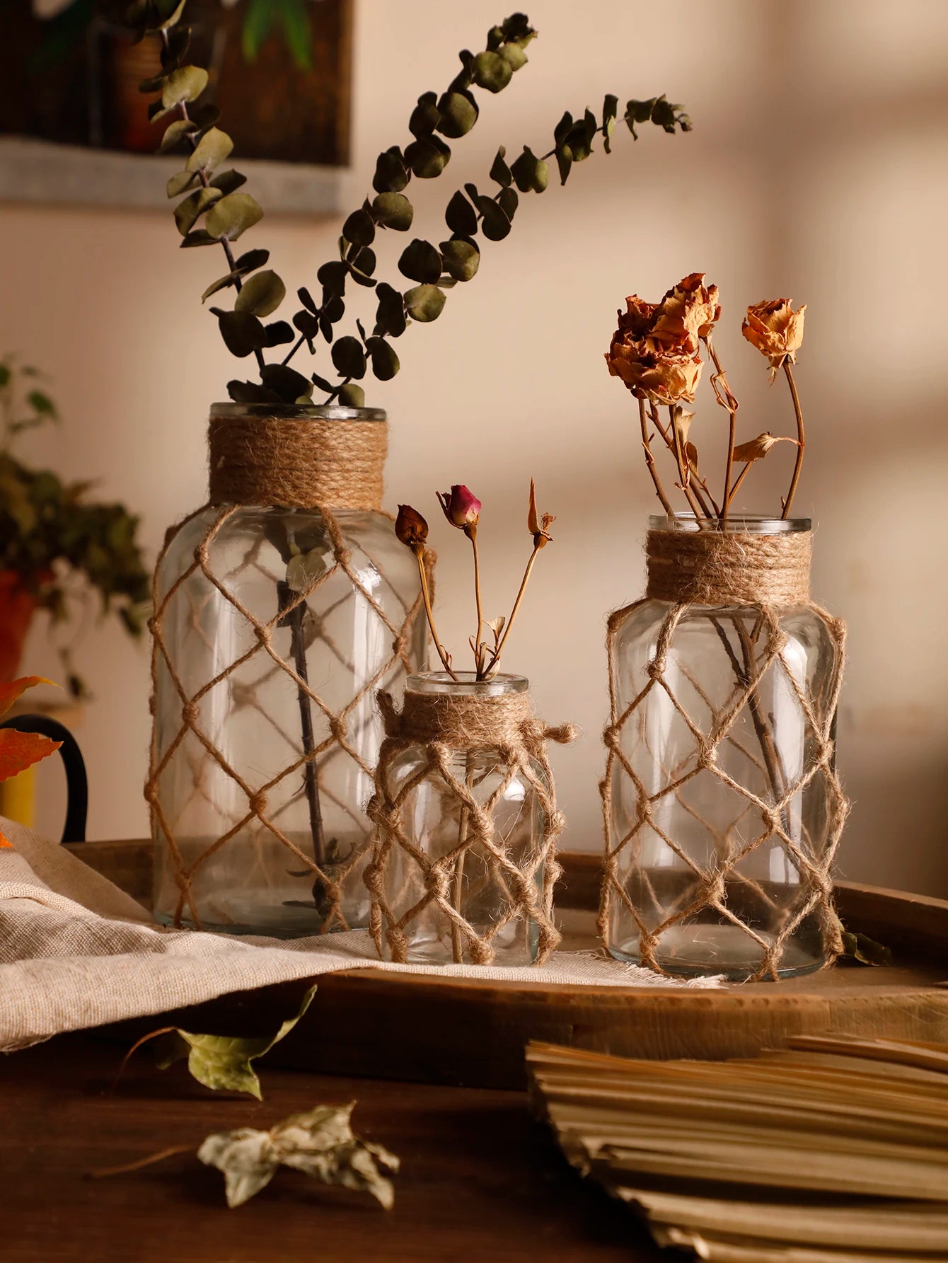 Hand Woven Hemp Rope Glass Vase - Boho Nordic Dry Flower Decor
