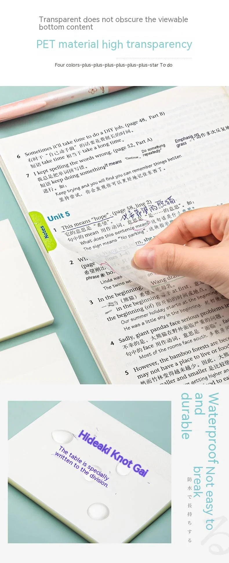 Transparent Waterproof Sticky Notes - 200 Sheets Fluorescent Notepad for School Office