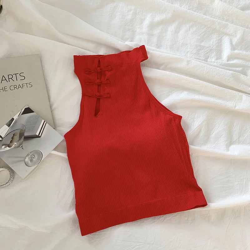 ITOOLIN Elegant Women Chinese Button Tank Tops With Bra Pad O-Neck Sleeveless Tank Tops For Women Sexy Crop Tops All-Match 2024