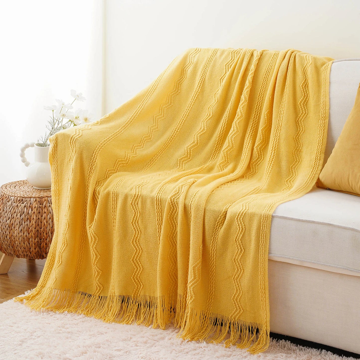 Caramel Knit Throw Blanket - Lightweight Plaid Blanket for Couch and Bed