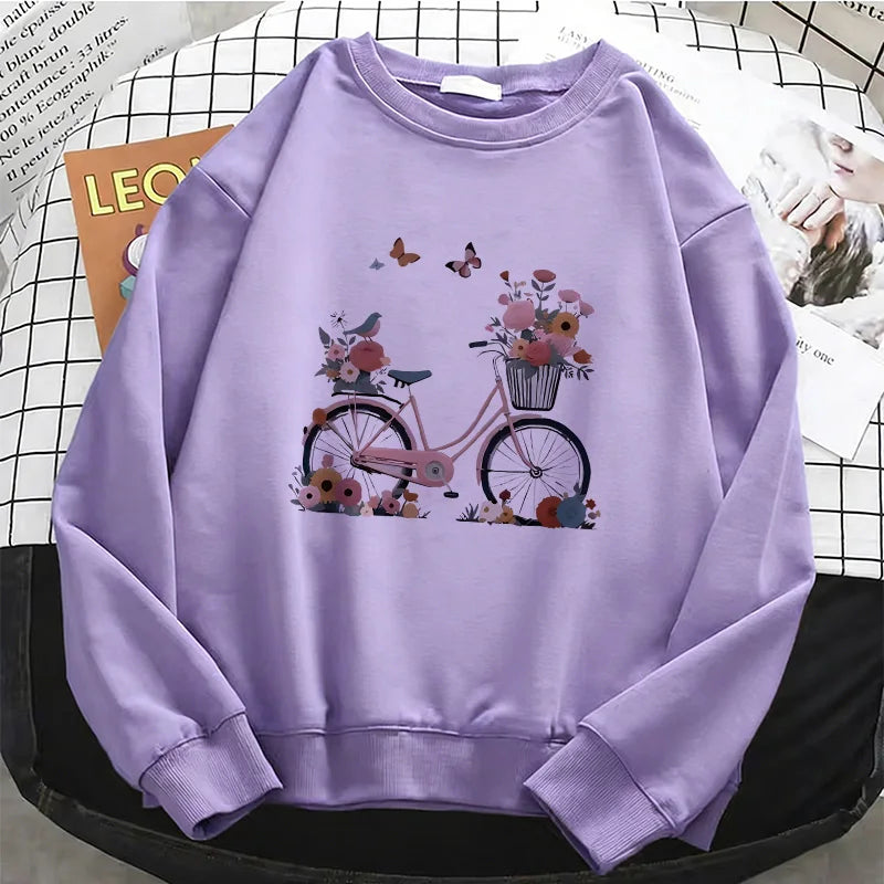 Womens Hoodies Retro Floral Butterfly with Bicycle Print Warm Fleece Sweatshirt Soft O-Neck Pullover Casual Female Clothes