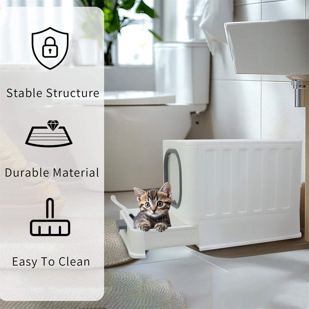 Extra Large Foldable Cat Litter Tray - Top Entry with Easy Clean Drawer and Lid - ZOOMNSTORE