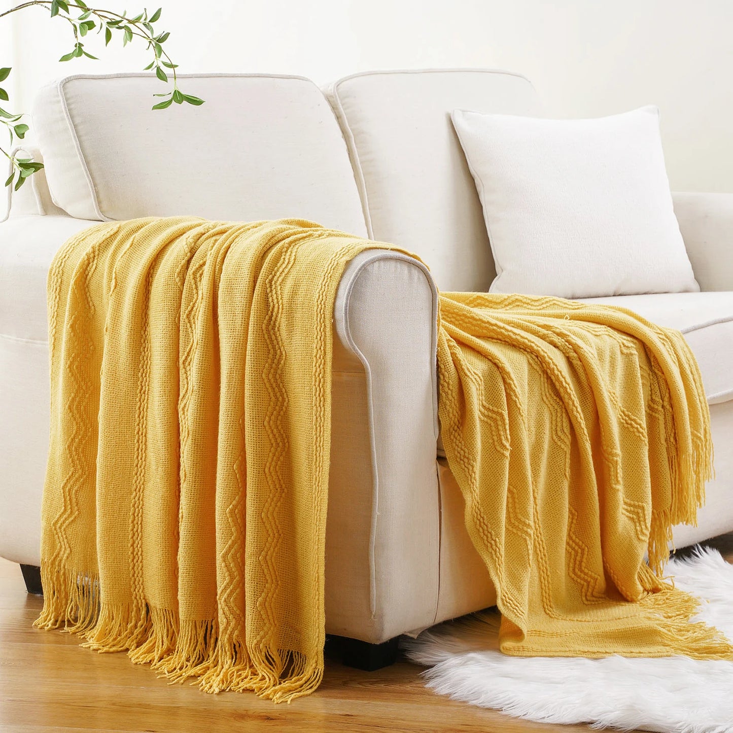 Caramel Knit Throw Blanket - Lightweight Plaid Blanket for Couch and Bed