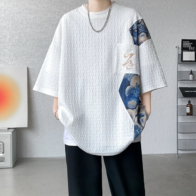 Patchwork Contrast Color T Shirt Men Summer Fashion Top Tees Unisex Harajuku T-shirt Male Half Sleeve TShirts Blue White Black