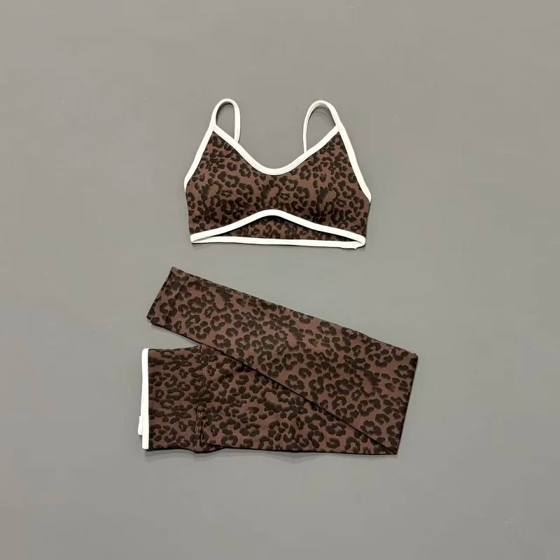 2 Pcs Fitness Sets Women Leopard Print Contrast Edge Removable Pad Bra Breathable Squat Proof Pants Suit Sports Workout Set