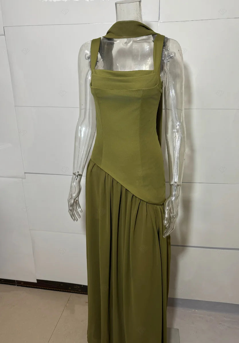 Green Evening Dress - Lace Up Back High Slit Maxi Party Dress with Scarf Attached
