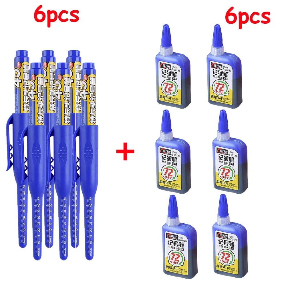 Multi-Purpose 45mm Deep Hole Marker Pens - Waterproof Long Nib Carpenter Pens for Woodworking and Bathroom Use