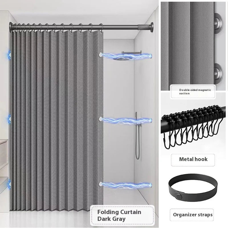 Folding Linen Shower Curtain - Waterproof with Magnets for Walk-in Showers - ZOOMNSTORE