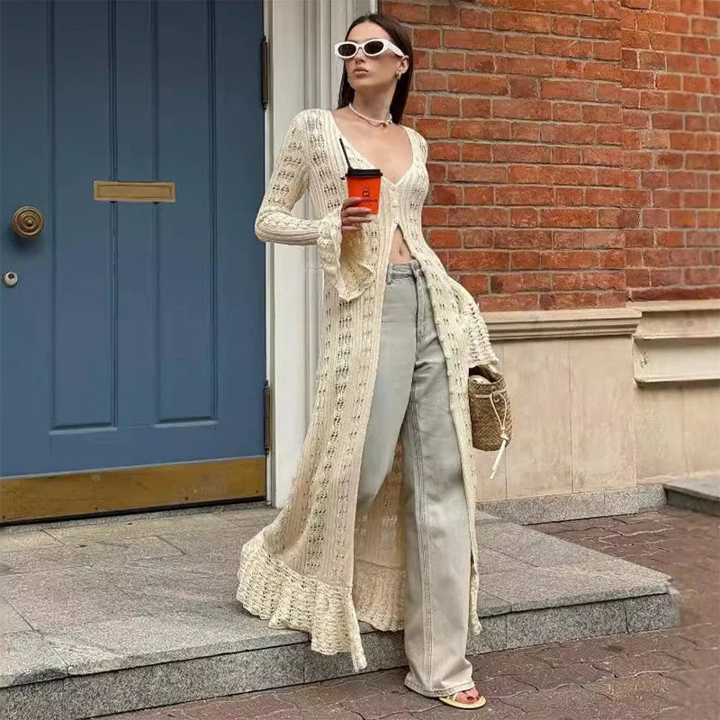 Deep V Neck Long Cardigan Dress - Elegant Hollow Knit Cover Up for Women