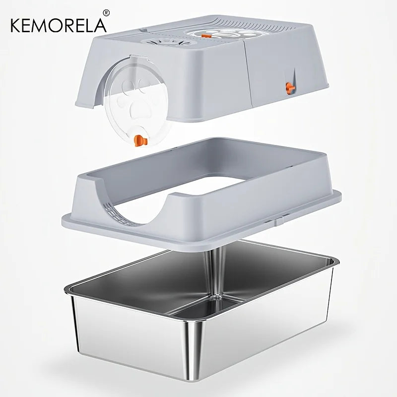XL Stainless Steel Cat Litter Box - Enclosed High-Sided Removable Scoop for Big Cats - ZOOMNSTORE