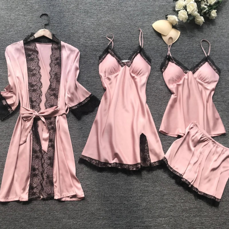 Sexy Lace Pajamas Set - V-Neck Nightdress with Chest Pads for Women - ZOOMNSTORE