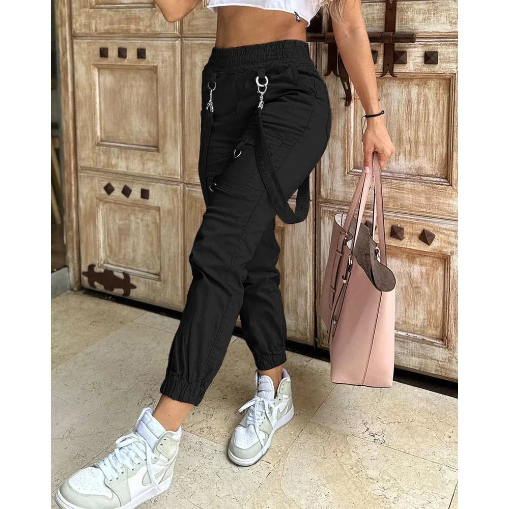 Women's Cargo Pants Casual Trousers 2026 Spring Autumn Solid Color Trend Street Pocket Design Cuff Suspenders Streetwear Women