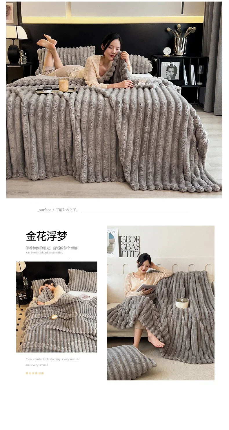 Artificial Rabbit Plush Blanket - Soft Coral Fleece Throw for Bed Sofa - ZOOMNSTORE