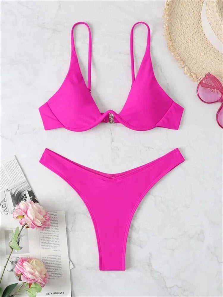 Sexy Red Underwire Bikini - Push Up Bra Thong Swimsuit with V Neck Design - ZOOMNSTORE