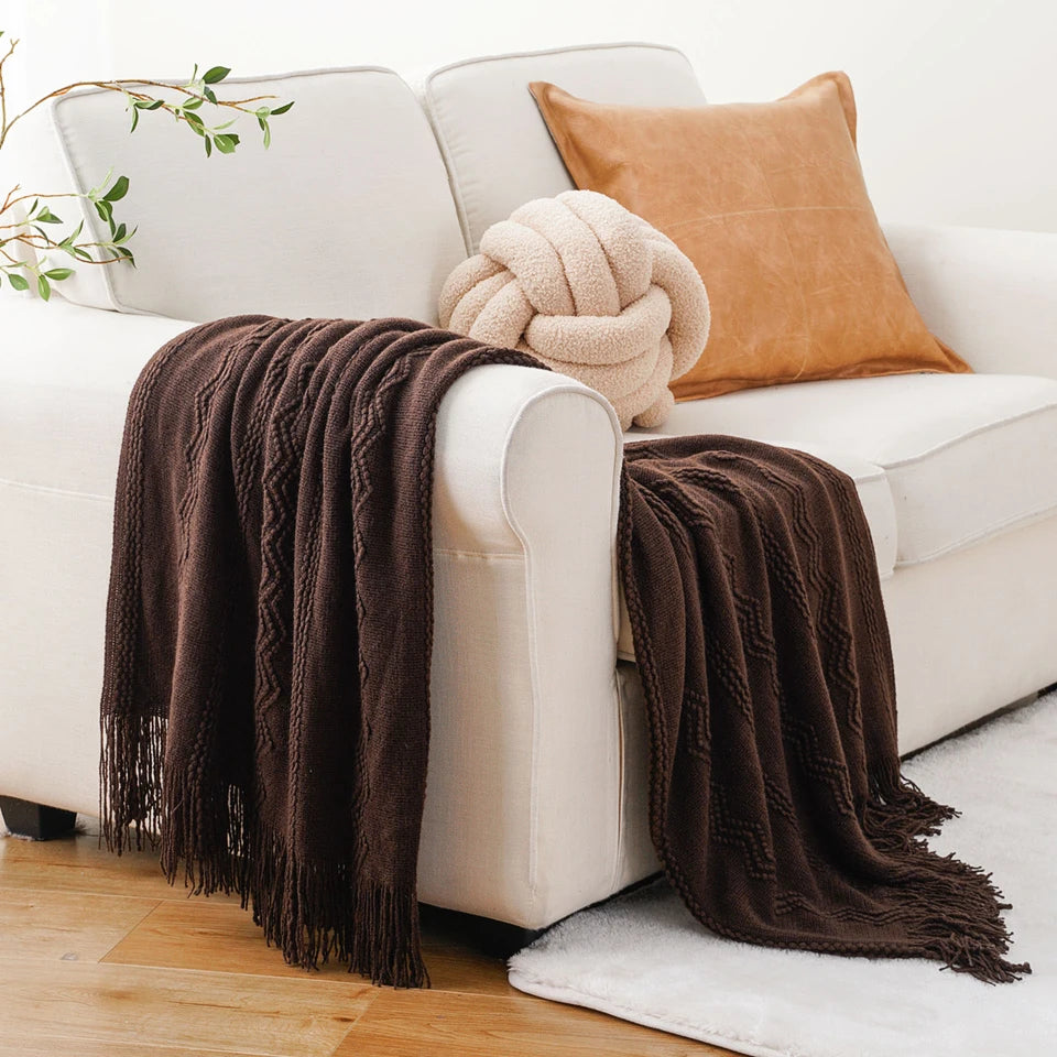 Caramel Knit Throw Blanket - Lightweight Plaid Blanket for Couch and Bed