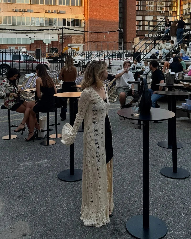 Deep V Neck Long Cardigan Dress - Elegant Hollow Knit Cover Up for Women