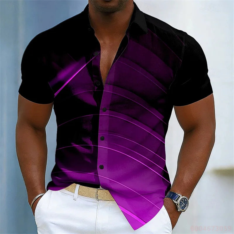 Men's color-blocked abstract striped short-sleeved shirt, summer fashion casual men's shirt, Hawaiian shirt, sizes XS-6XL.