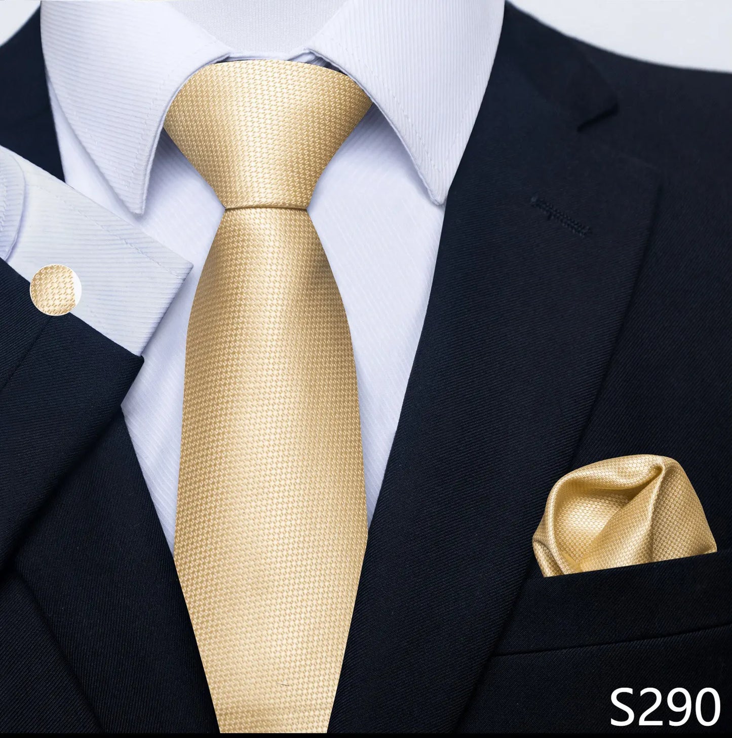 Men's Necktie Set - Blue Gold Silk Tie & Pocket Square with Cufflinks for Wedding