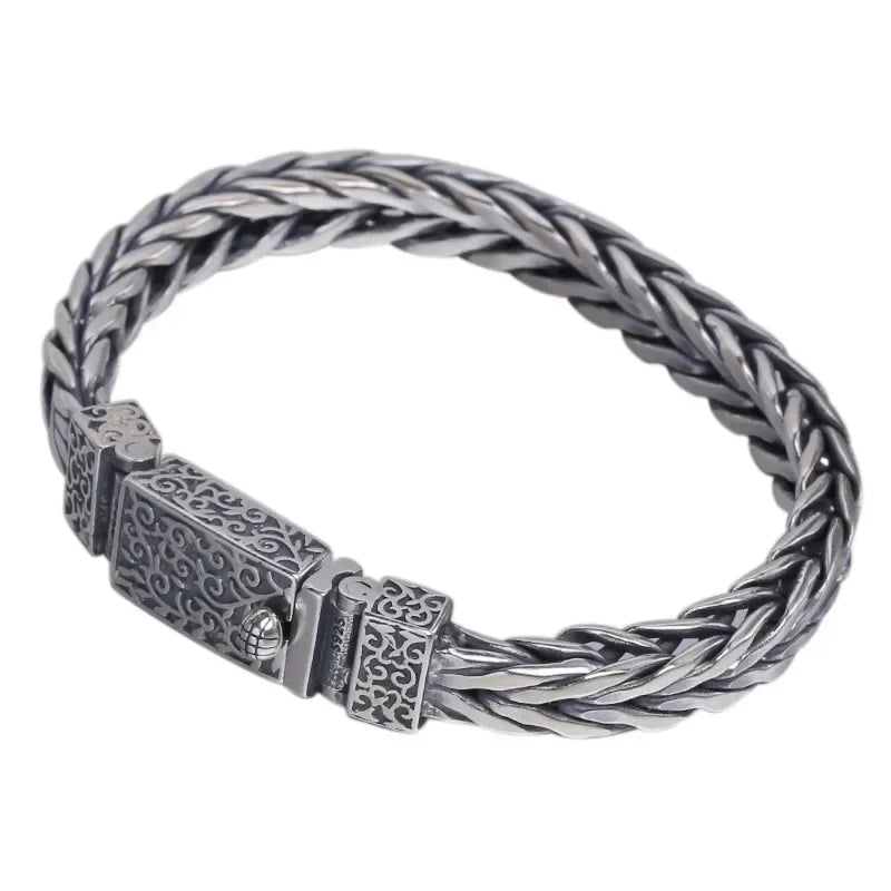 New Silver Color Chinese Trendy Men's Personalized Hand-woven Twist Buckle Bracelet Retro Ethnic Style Chain Jewelry Accessories