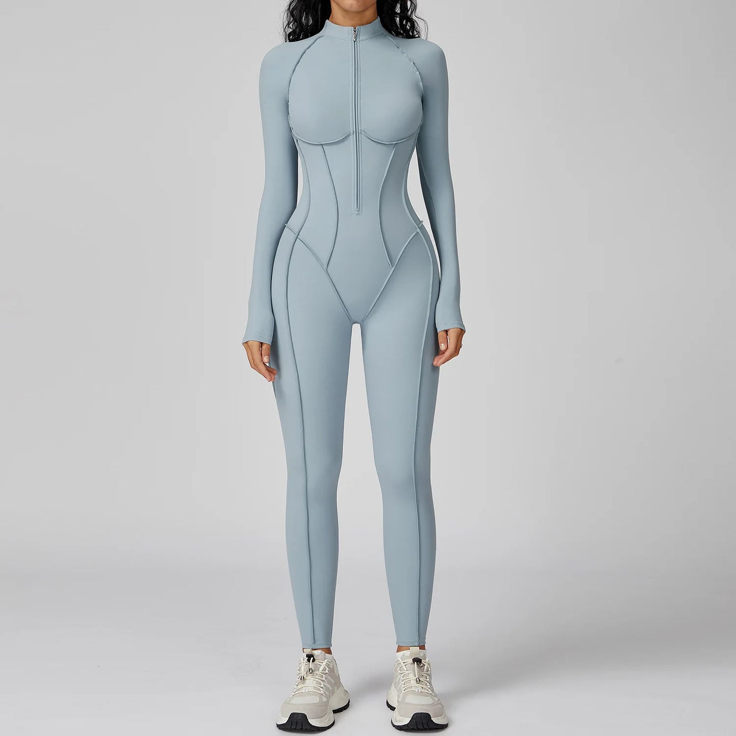 Women's Yoga Bodysuit - Long Sleeve Tracksuit Gym Zipper Suit, Breathable Fitness Jumpsuit