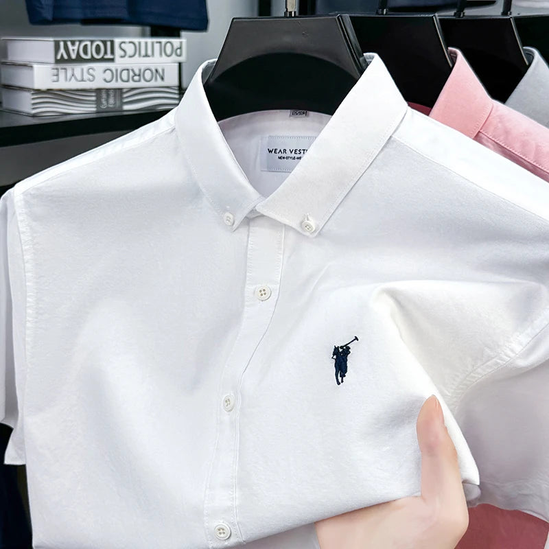 Solid Color Cotton Embroidered Small Horse Logo Shirt, Men's Short Sleeved Casual Versatile High-end Spring and Autumn Shirt