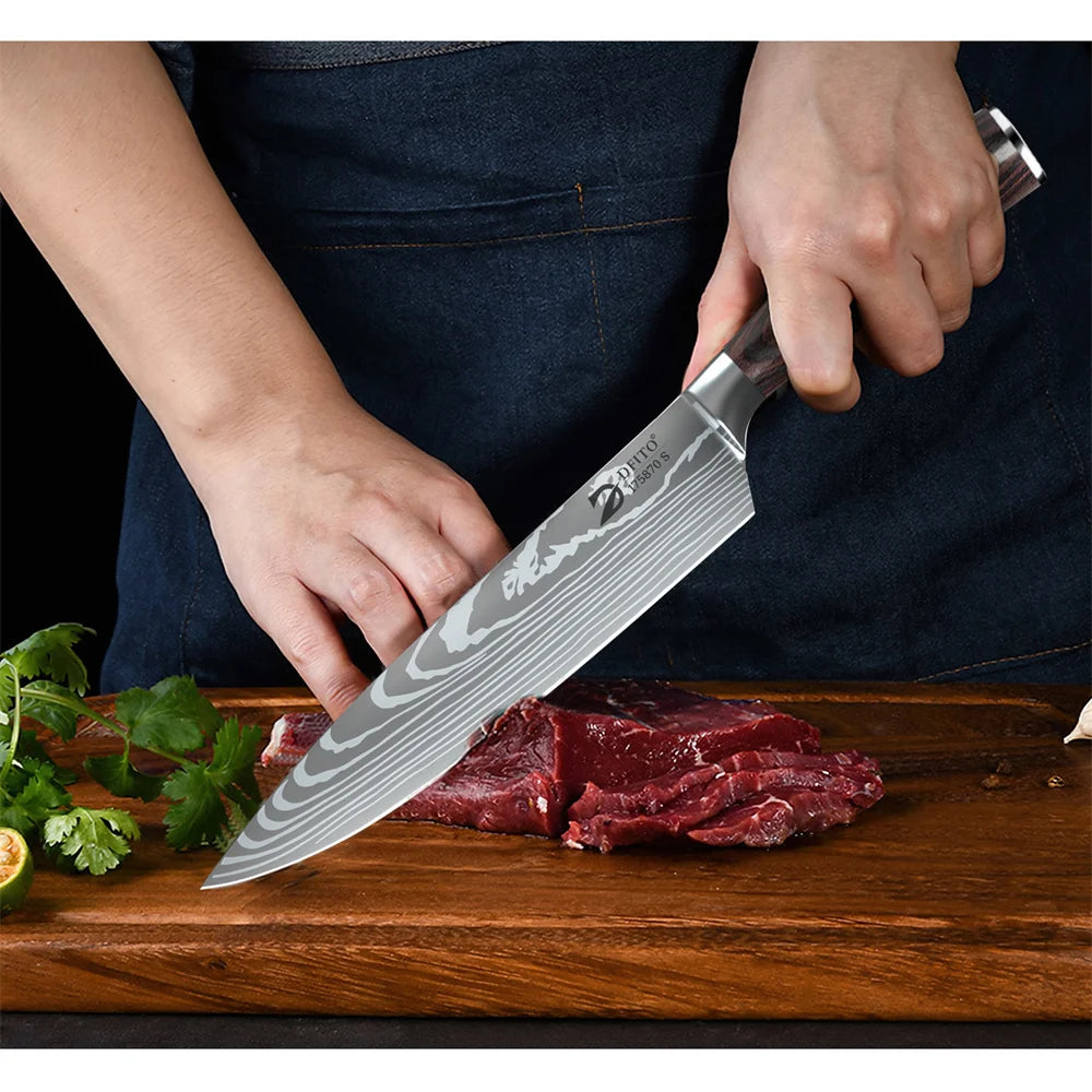 Damascus Steel Kitchen Knife Set - 8-Piece Chef Utility Paring Boning Cleaver Santoku with Nylon Bag
