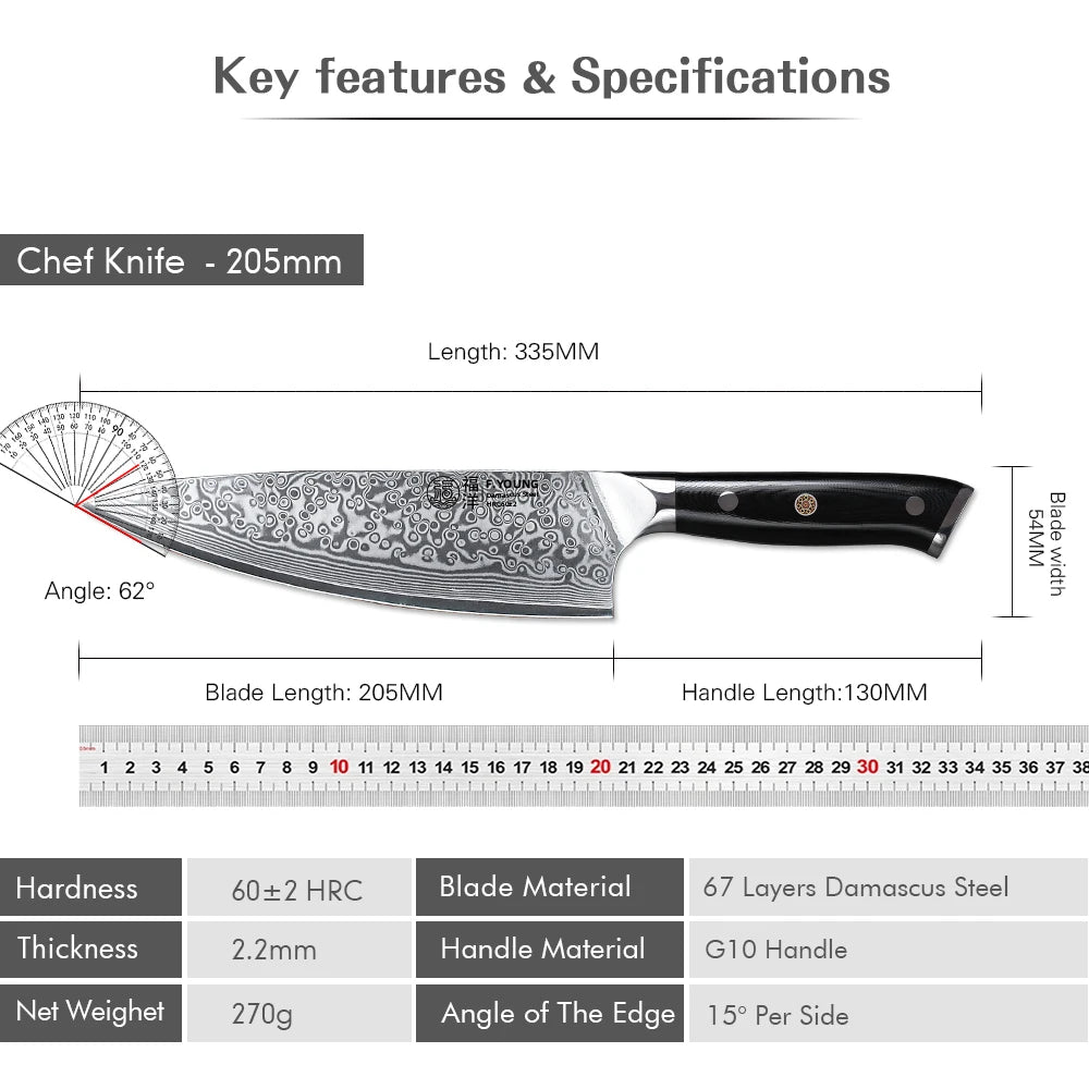 FYOUNG 8-Inch Damascus Chefs Knife - VG10 Super Sharp Kitchen Knife