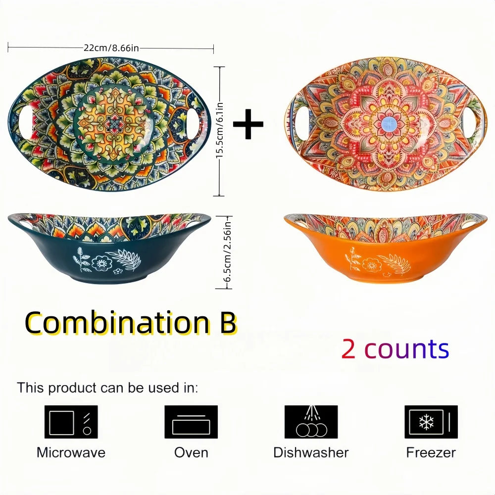 Bohemian Ceramic Salad Bowl Set - Microwave Safe Stackable Oval Plates with Handle 2PCS