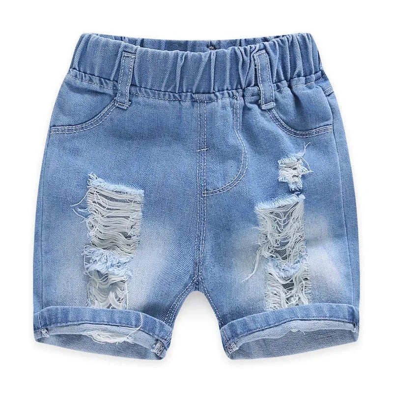 Kids Denim Boy Shorts - Casual Torn Jeans Knee Length Elastic Waist Fashion Trousers 2-8Y