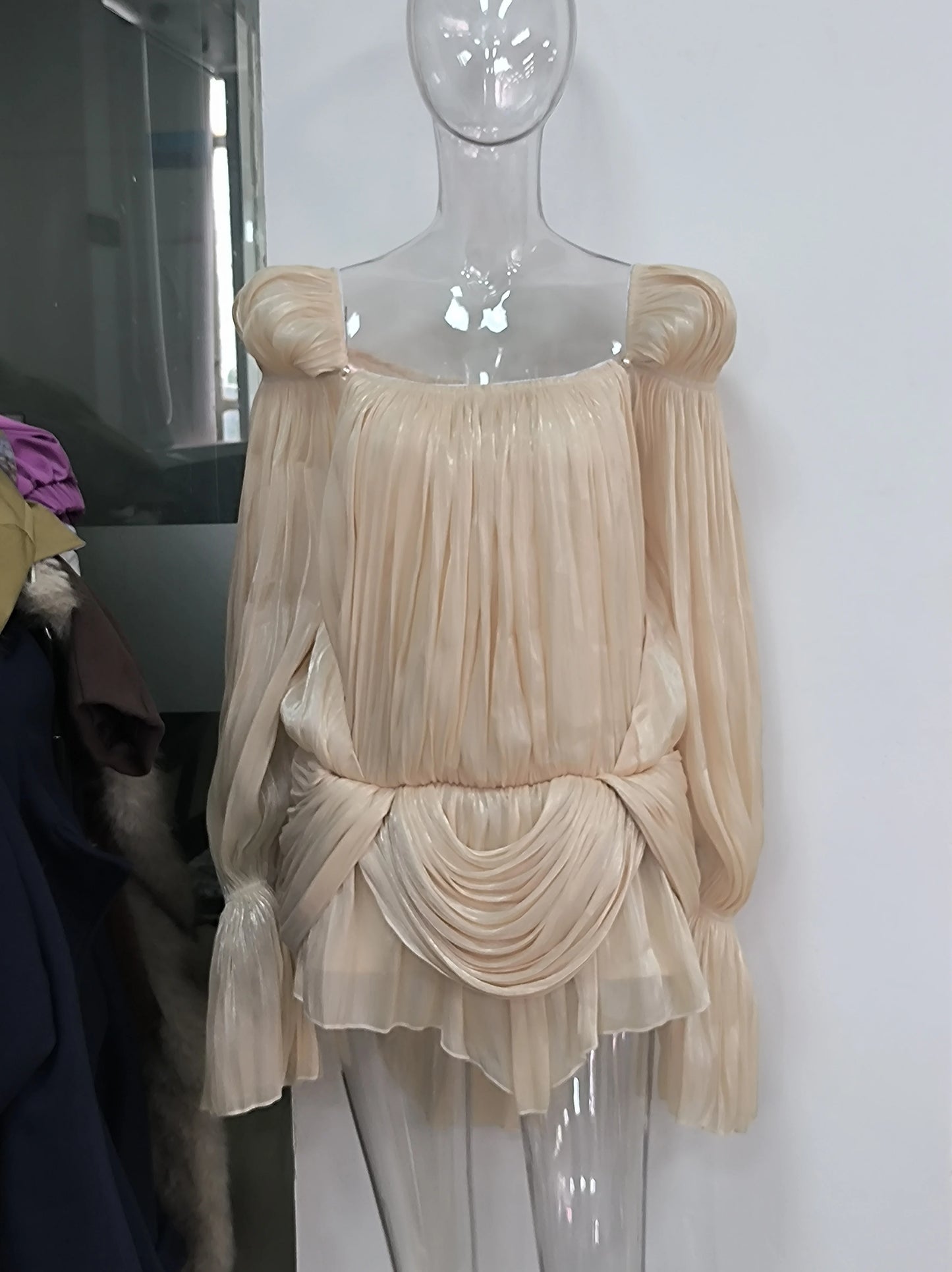 Satin Off Shoulder Pleated Mini Dress for Women Fashion Puff Sleeve Cinched Waist Prom Party Skirt 2026 NEW Summer Lady Dresses