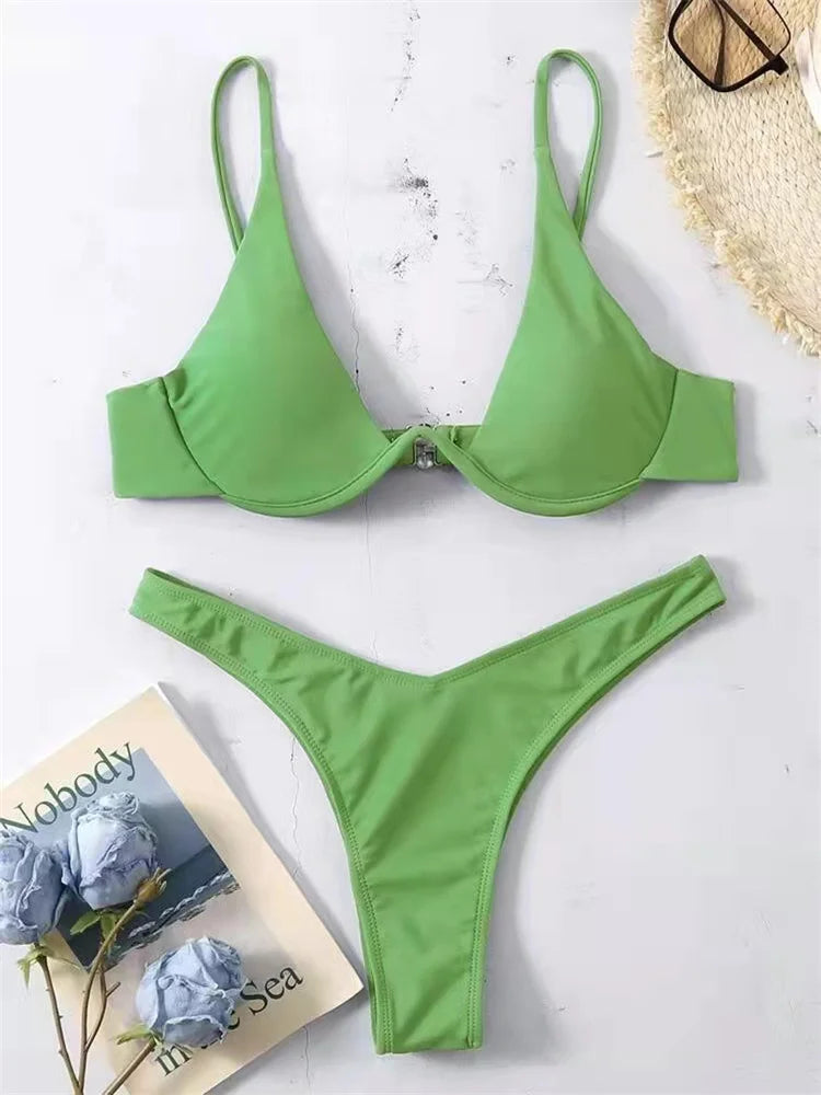Sexy Red Underwire Bikini - Push Up Bra Thong Swimsuit with V Neck Design - ZOOMNSTORE