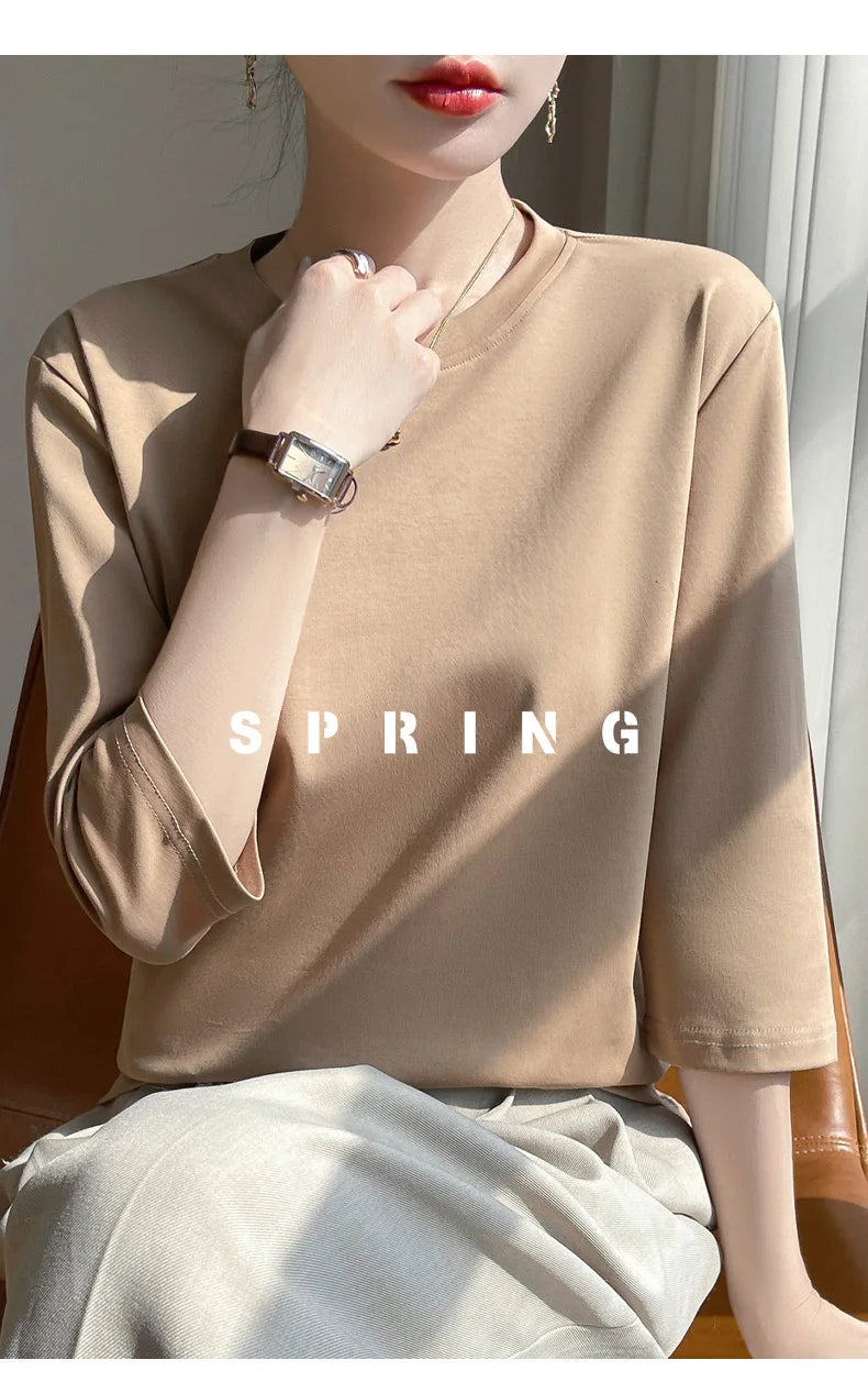Cropped Mercerized Cotton T-Shirt - 100 Cotton Short Sleeve for Spring Summer 2023