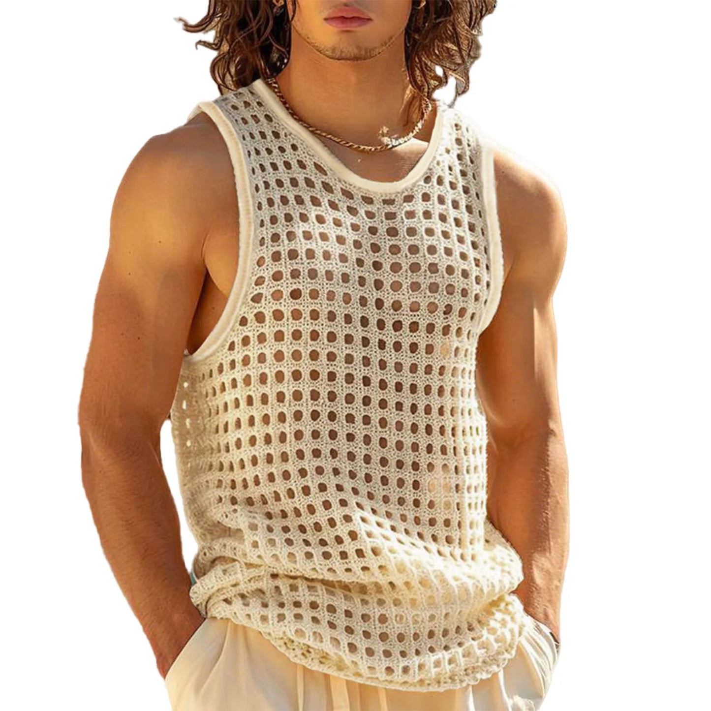 Men s Breathable Sleeveless Tank Tops Fashionable Hollow Out Crew Neck Casual Solid Cool Stylish T-Shirt for Summer