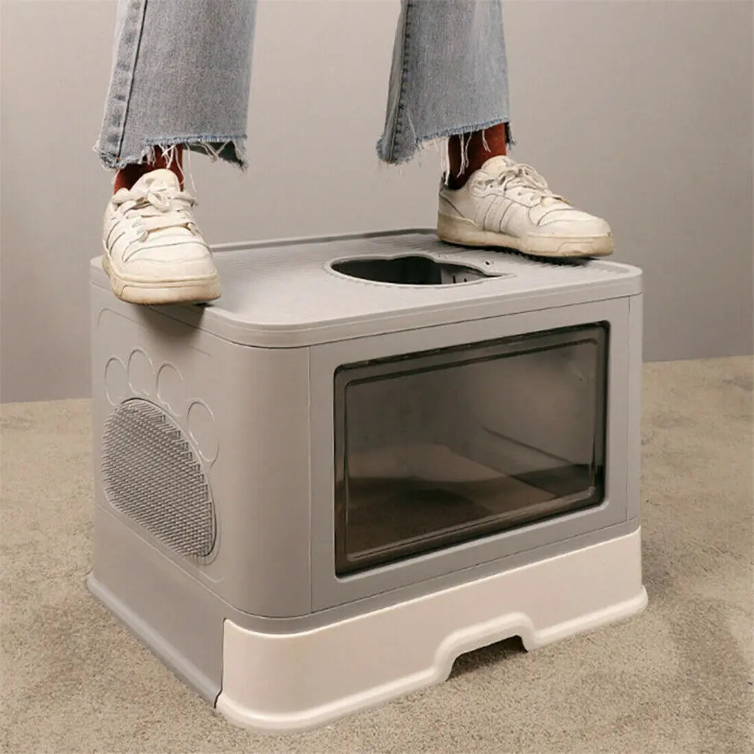 Foldable Cat Litter Box - Enclosed Front Entry Top Exit Toilet with Massager Scoop - ZOOMNSTORE