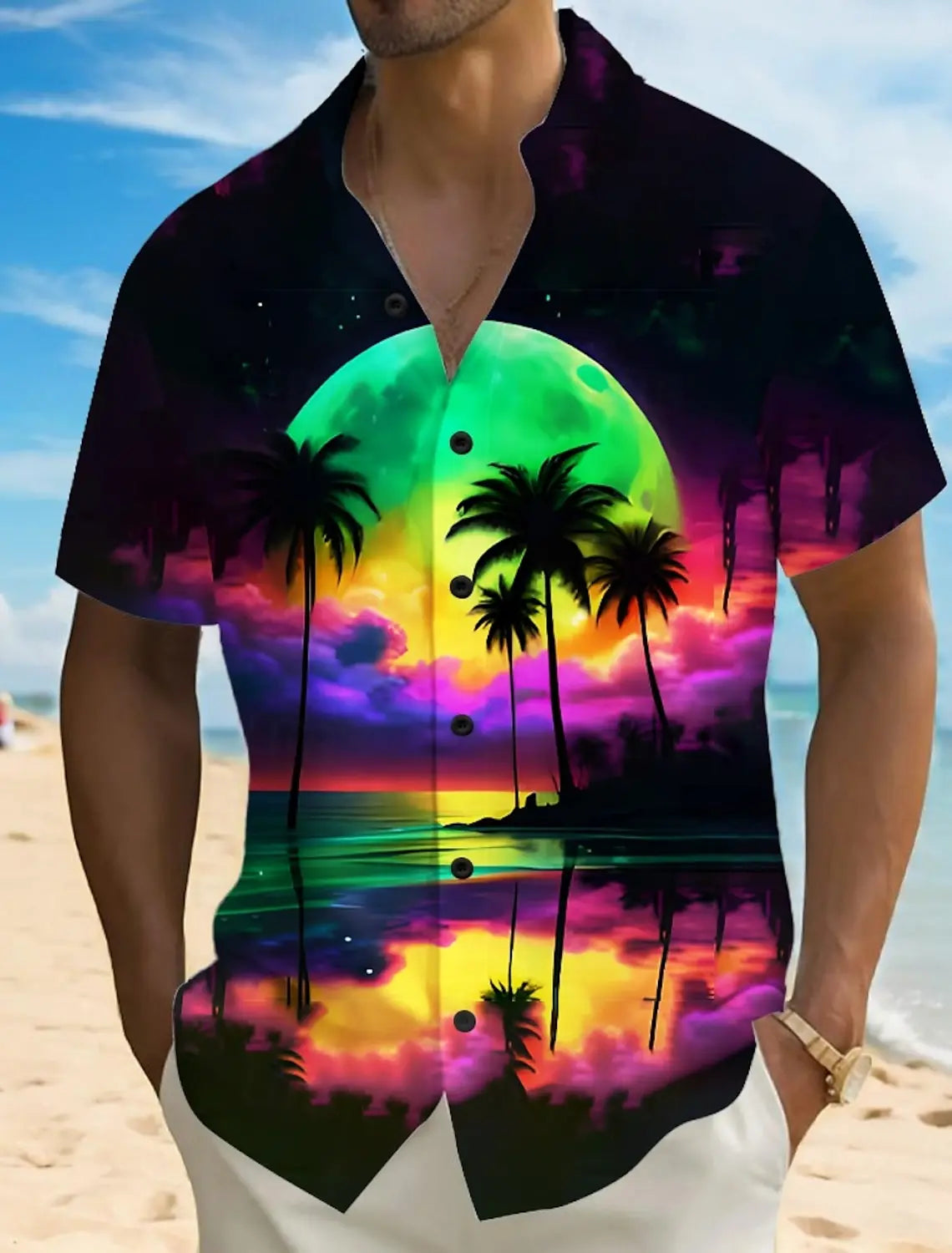 Fashion Men's Hawaiian Shirt 3D Printed Landscape Tropical Plants Shirt Short Sleeved Summer Casual Aloha Shirt for Mens