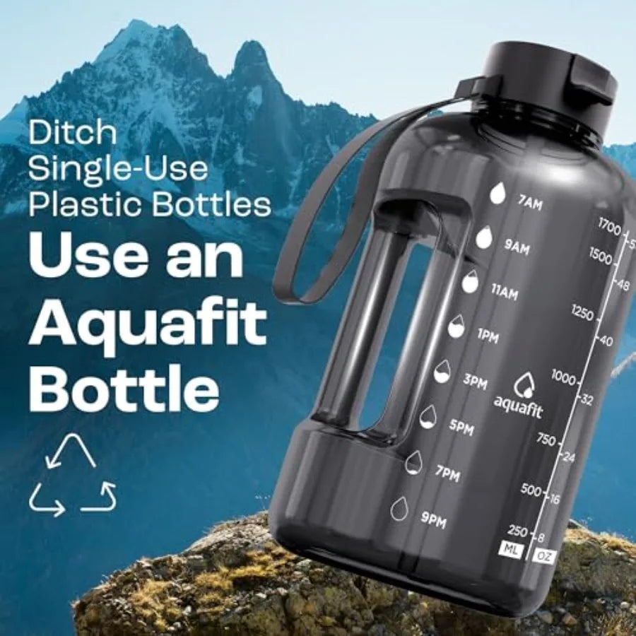 64 oz Water Bottle with Time Marker - Straw and Chug Lid - BPA Free Half Gallon Gym Water Bottle with Handle - Big Gallon Jug G