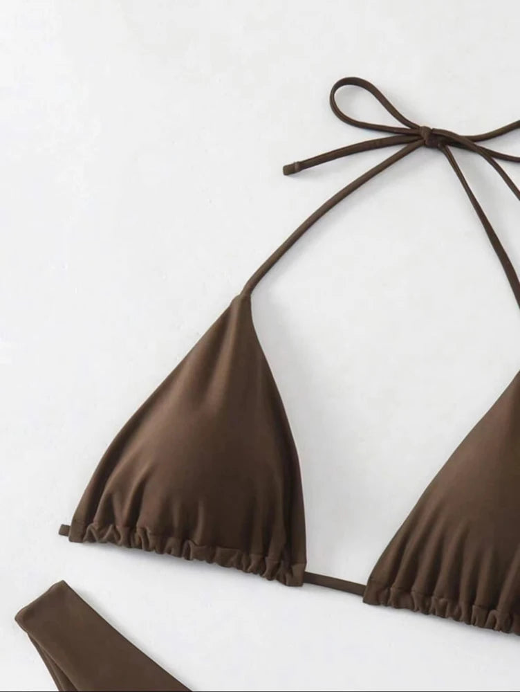 Womens Halter Thong Bikini - Sexy Lace-Up Brazilian Swimsuit in WhiteBlackCoffee - ZOOMNSTORE